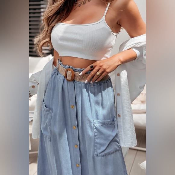 Elastic Waist Flowy Tencel Denim Maxi Skirt A Line Button Ruffle Cargo Long Jean - Picture 5 of 9